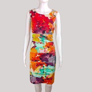 Calvin Klein Multicolor Floral Midi Dress - Red, Orange, Teal, Purple